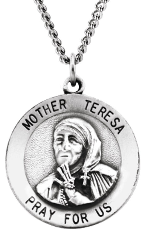 Sterling Silver 18 mm Mother Teresa Round Pendant Medal 18" Necklace