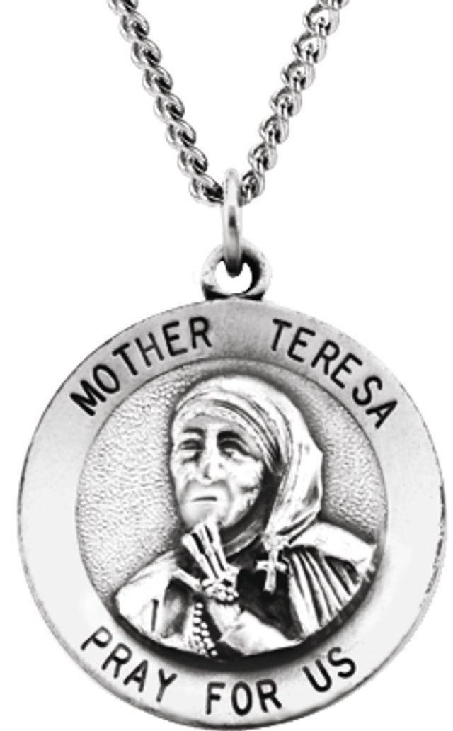 Sterling Silver 18 mm Mother Teresa Round Pendant Medal 18" Necklace