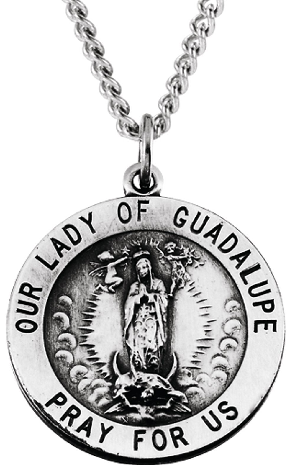 Sterling Silver 22 mm Round Our Lady of Guadalupe Medal 24" Necklace