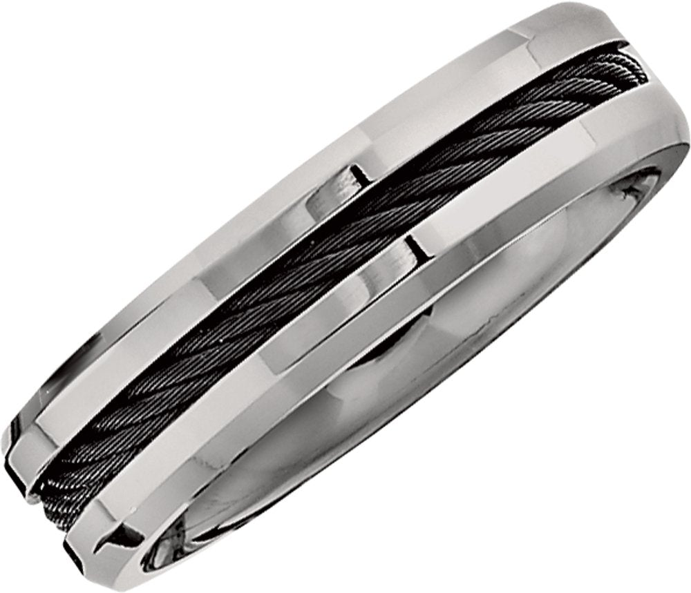 Titanium 6 mm Beveled-Edge Black Cable Inlay Band Size 10