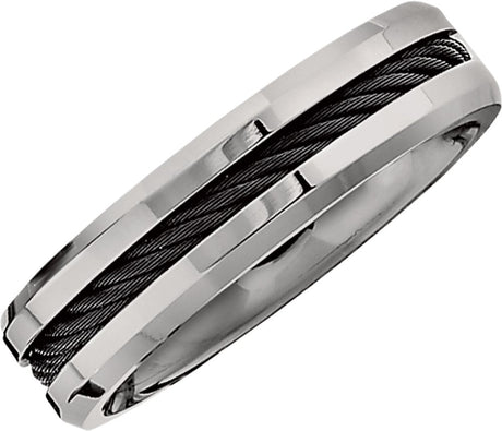 Titanium 6 mm Beveled-Edge Black Cable Inlay Band Size 10