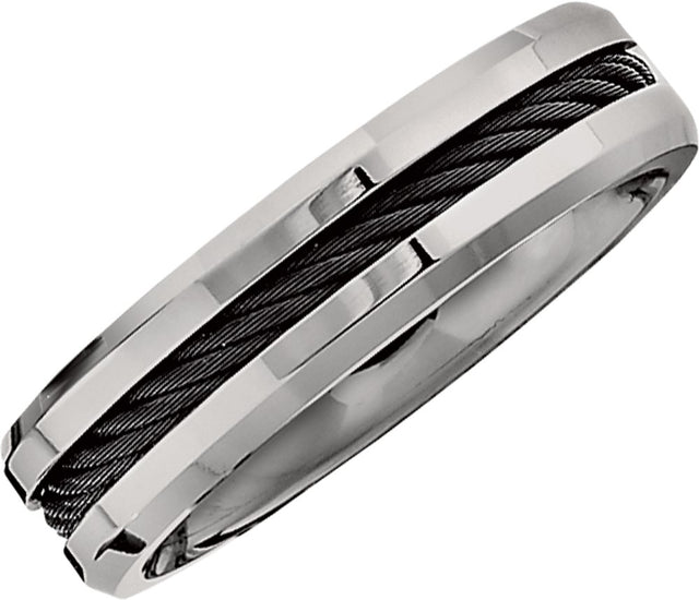 Titanium 6 mm Beveled-Edge Black Cable Inlay Band Size 10