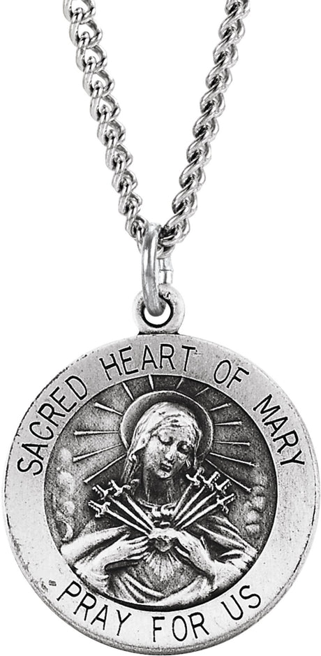 Sterling Silver 18 mm Round Sacred Heart of Mary 18" Necklace