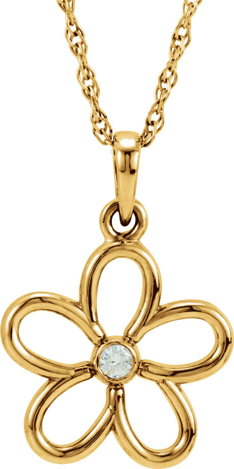 14K Yellow Gold .03 CT Natural Diamond Flower 18" Necklace