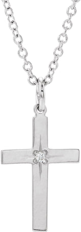 14K White .0075 CT Natural Diamond Youth Cross 15" Necklace