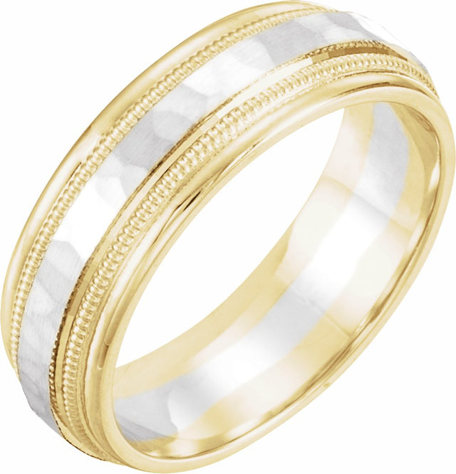 10K Yellow/White/Yellow 6 mm Flat Stepped Edge Band with Milgrain & Hammer Finish Size 11