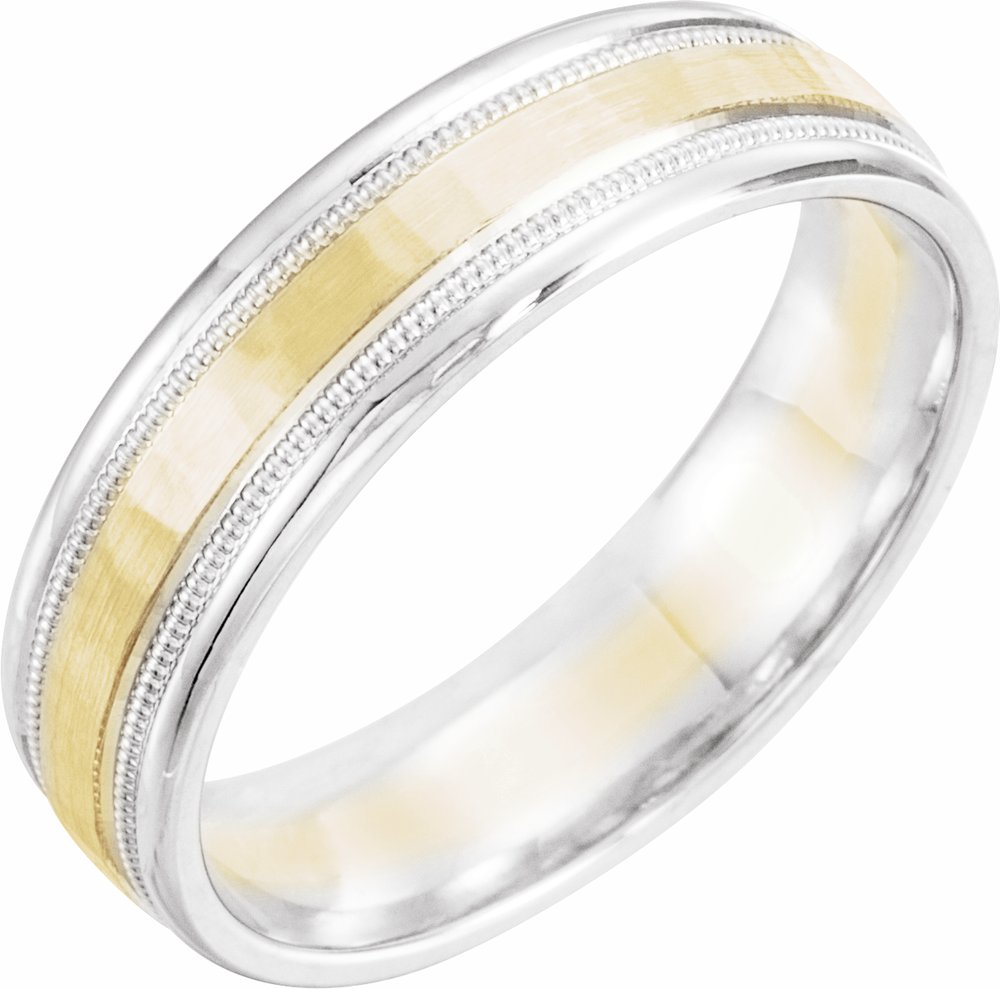 14K White/Yellow/White 6 mm Flat Stepped Edge Band with Milgrain & Hammer Finish Size 12