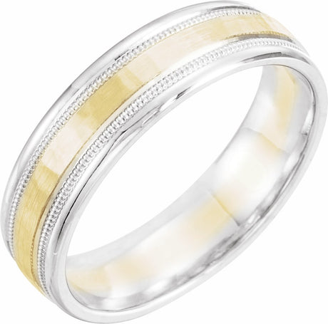 14K White/Yellow/White 6 mm Flat Stepped Edge Band with Milgrain & Hammer Finish Size 12