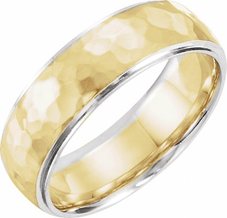 14K White/Yellow/White 6 mm Half Round Stepped-Edge Band with Hammer Finish Size 9.5