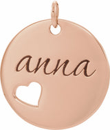 14K Rose Engravable Pierced Heart Disc Pendant