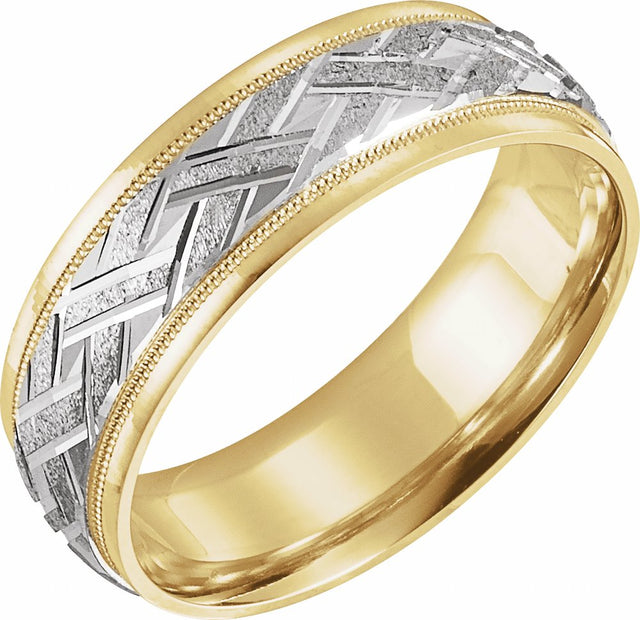 14K Yellow/White/Yellow Gold 7 mm Milgrain Woven-Design Comfort-Fit Half Round Band Size 10.5