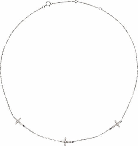14K White Gold 1/4 CTW Natural Diamond 3-Station Cross 16-18” Necklace