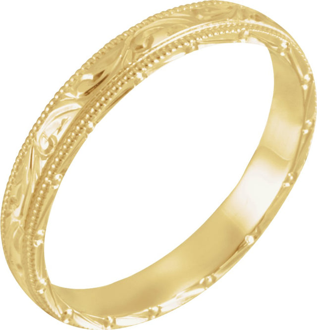 14K Yellow Gold 3 mm Hand-Engraved Milgrain Stepped-Edge Sculptural Half Round Band Size 8