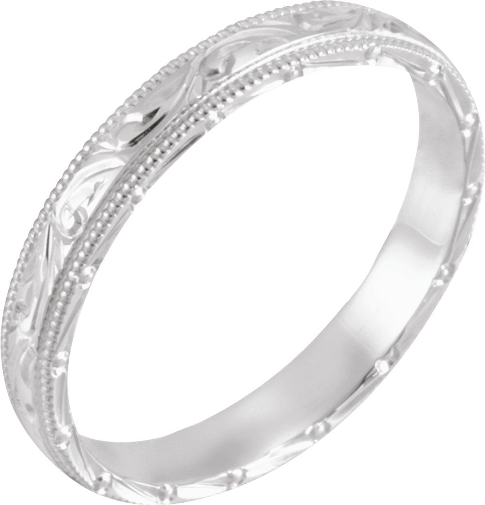 14K White Gold 3 mm Hand-Engraved Milgrain Stepped-Edge Sculptural Half Round Band Size 4.5