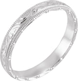 14K White Gold 3 mm Hand-Engraved Milgrain Stepped-Edge Sculptural Half Round Band Size 4.5