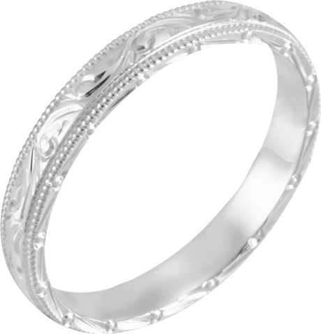 14K White Gold 3 mm Hand-Engraved Milgrain Stepped-Edge Sculptural Half Round Band Size 4.5