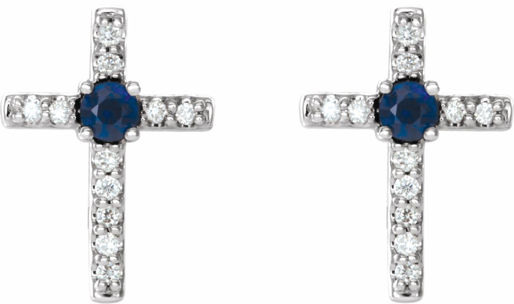 14K White Natural Blue Sapphire & .05 CTW Natural Diamond Cross Earrings