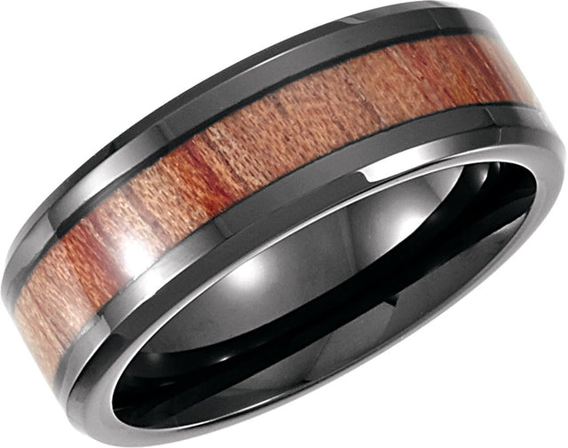 Black PVD Cobalt 8 mm Casted Wood Inlay Comfort-Fit Band Size 9.5