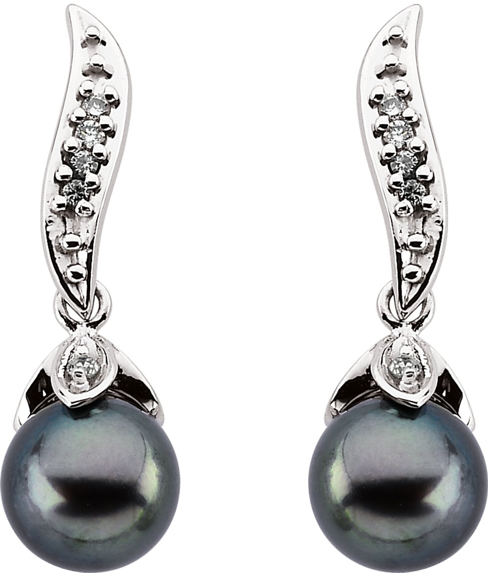 14K White Cultured Black Akoya Pearl & 1/10 CTW Natural Diamond Earrings