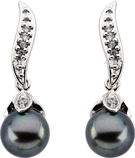 14K White Cultured Black Akoya Pearl & 1/10 CTW Natural Diamond Earrings