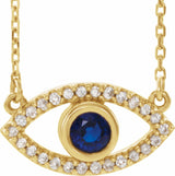 14K Yellow Natural Blue Sapphire & Natural White Sapphire Evil Eye 16" Necklace