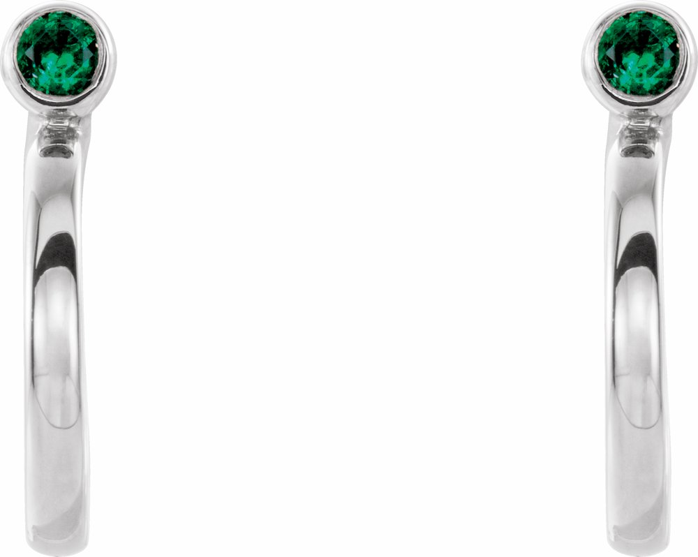 Sterling Silver 2 mm Natural Emerald Huggie J-Hoop Earring