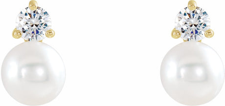 14K Yellow Gold Cultured White Freshwater Pearl & 1/8 CTW Natural Diamond Earrings
