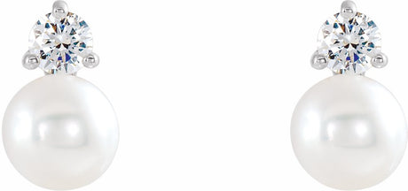 14K White Gold Cultured White Freshwater Pearl & 1/8 CTW Natural Diamond Earrings