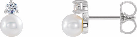 14K White Gold Cultured White Freshwater Pearl & 1/8 CTW Natural Diamond Earrings