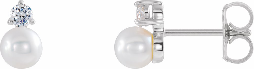14K White Gold Cultured White Freshwater Pearl & 1/8 CTW Natural Diamond Earrings