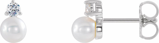 14K White Gold Cultured White Freshwater Pearl & 1/8 CTW Natural Diamond Earrings
