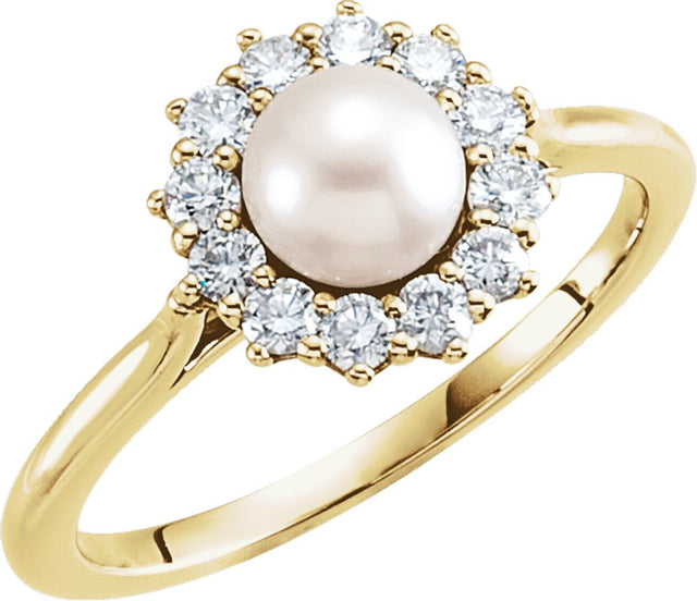14K Yellow Gold Cultured White Freshwater Pearl & 3/8 CTW Natural Diamond Ring