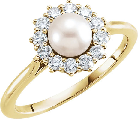 14K Yellow Cultured White Freshwater Pearl & 3/8 CTW Natural Diamond Ring