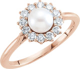 14K Rose Cultured White Freshwater Pearl & 3/8 CTW Natural Diamond Ring