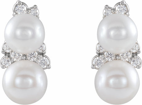14K White Cultured White Freshwater Pearl & 1/10 CTW Natural Diamond Ear Climbers