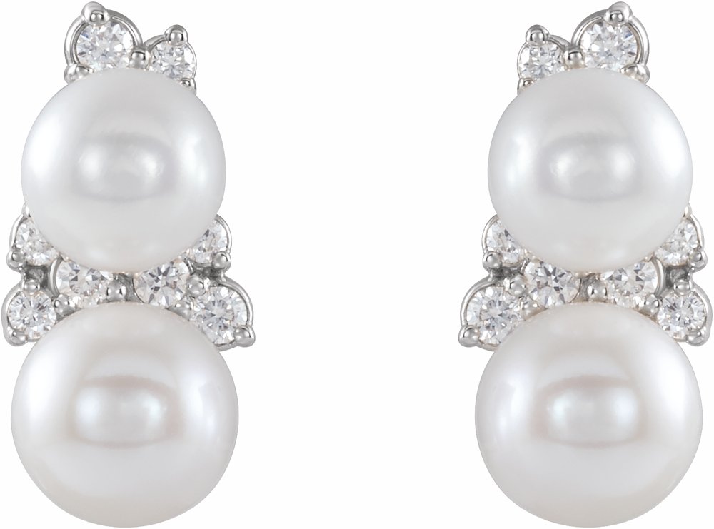 14K White Cultured White Freshwater Pearl & 1/10 CTW Natural Diamond Ear Climbers