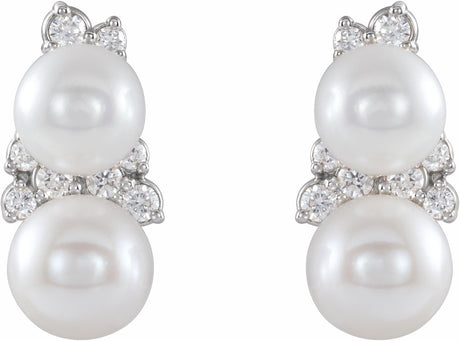 14K White Cultured White Freshwater Pearl & 1/10 CTW Natural Diamond Ear Climbers