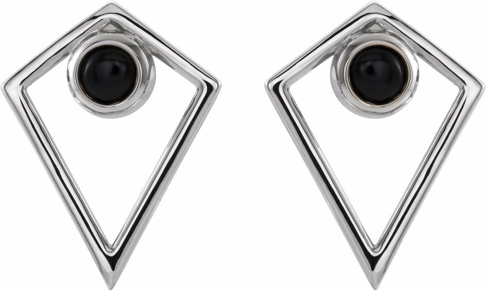 14K White Natural Black Onyx Cabochon Pyramid Earrings