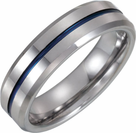 Tungsten & Blue Enamel Inlay 6 mm Grooved Comfort-Fit Flat Band Size 7