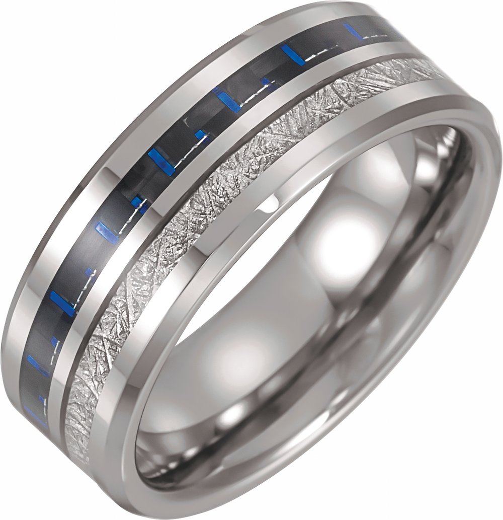 Tungsten 8 mm Beveled-Edge Imitation Meteorite & Carbon Fiber Inlay Comfort-Fit Band Size 7.5