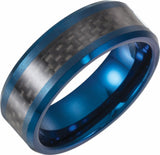 Blue Enameled Tungsten 8 mm Beveled-Edge Carbon Fiber Inlay Comfort-Fit Band Size 7