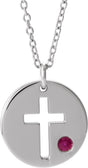 Sterling Silver Imitation Ruby Pierced Cross Disc 16-18" Necklace 