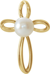 14K Yellow Cultured White Freshwater Pearl Cross Pendant