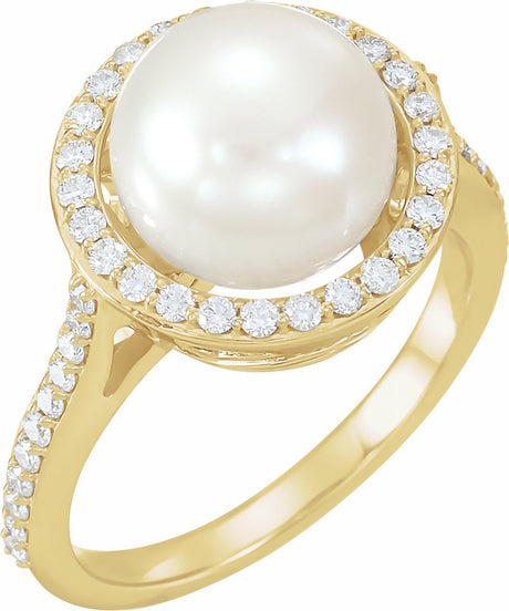 14K Yellow Gold Cultured White Freshwater Pearl & 3/8 CTW Natural Diamond Ring