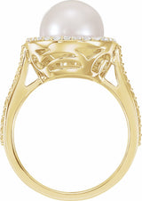 14K Yellow Gold Cultured White Freshwater Pearl & 3/8 CTW Natural Diamond Ring