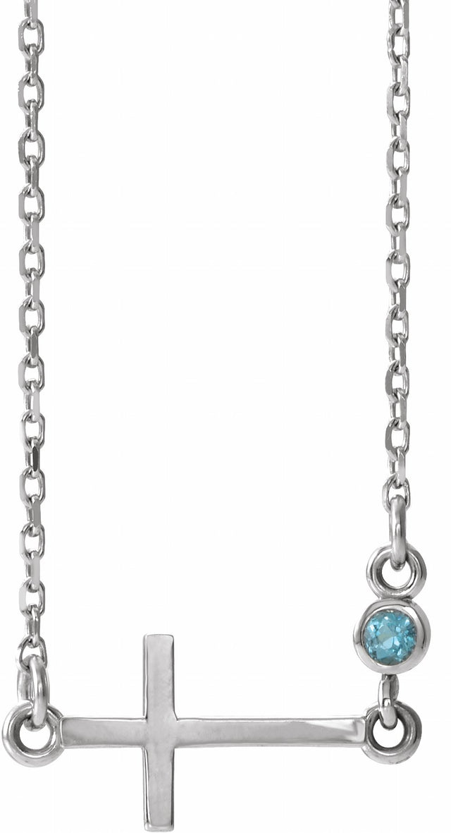 Sterling Silver Natural Aquamarine Sideways Cross 16-18" Necklace