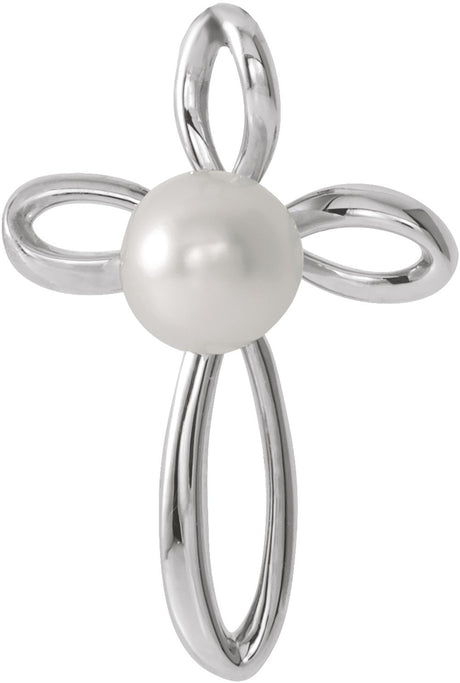 14K White Cultured White Freshwater Pearl Cross Pendant