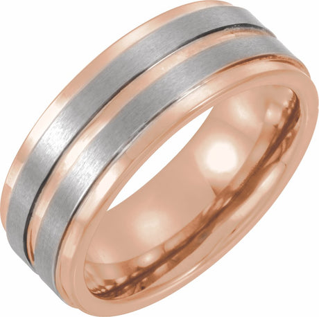 18K Rose Gold PVD Tungsten 8 mm Grooved Comfort-Fit Band Size 7.5