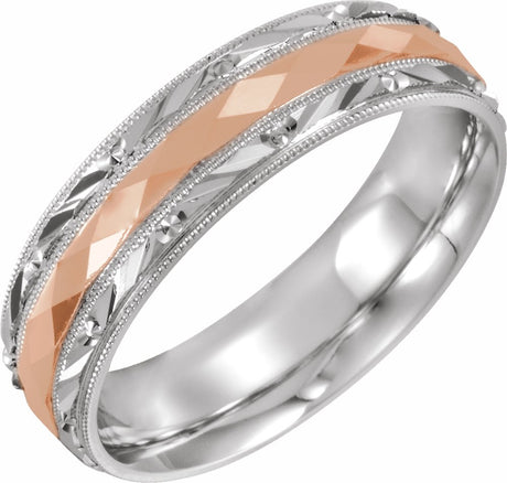 14K White/Rose 6 mm Design-Engraved Band with Milgrain Size 9