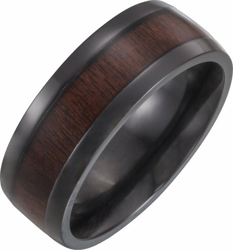 Band Black Titanium 8 mm Beveled-Edge Ebony Wood Inlay Comfort-Fit Band Size 7.5